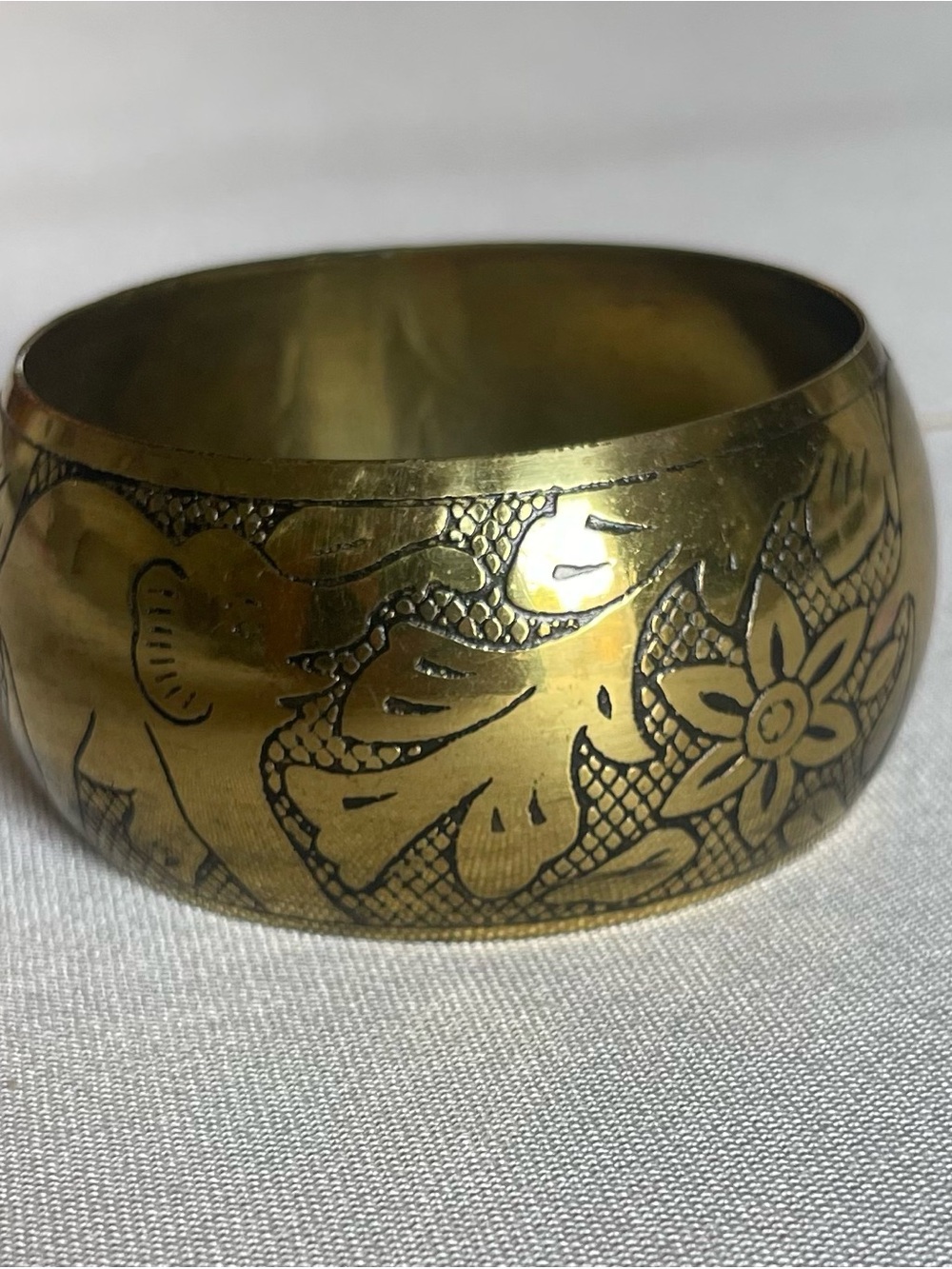 Wide Floral Engraved Brass Bangle - Gold